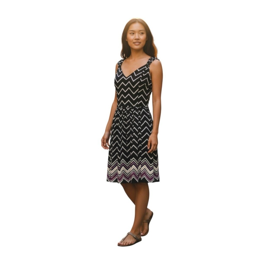 100% Silk Midi Dress Chevron Print Black White Coastal Resort Size 6 Cole Daniel